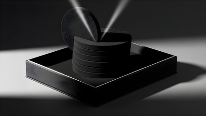 Modern black vinyl records on sleek tray with spotlight