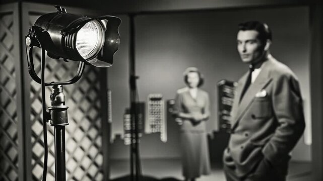 Vintage black and white photo of news anchor concept. A spotlight shines on a male anchor, while a female anchor stands in the background. 