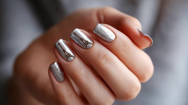 Elegant Silver Nail Art Featuring Eiffel Tower Designs Showcasing Intricate Detailing and Fashionable Styling in a Stylish Hand Pose
