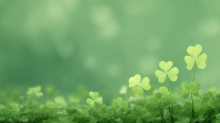 Green clover and shamrock field background with copy space. Nature scene and St. Patrick Day festive concept for wallpaper.