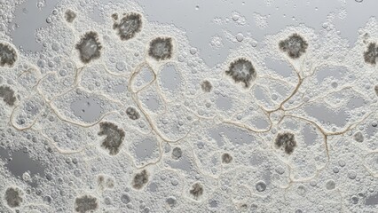 Close-up of bacteria colony growth patterns in petri dish with diverse structures and organic formations
