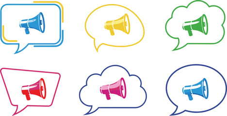 Colorful collection of megaphone icons inside various speech bubbles including rounded, square, and cloud shapes isolated on white background for marketing announcement.
