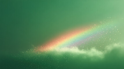 Abstract green background with magical rainbow arch and sparkling particles. Fantasy design for Saint Patrick Day celebration with ethereal light.