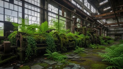 Lush greenery overtaking abandoned industrial warehouse with rusted machinery and broken glass windows in urban decay setting