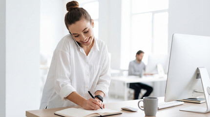 Smiling woman office worker modern workspace phone call writing notebook casual shirt natural light coworker background