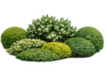 Grouping of diverse garden bushes and flowering shrubs creating a natural landscape element, transparent background