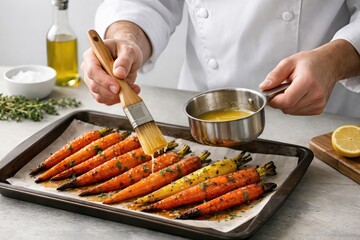 Culinary artistry in action with roasted gourmet carrots brushed with herb infused oil and garnished with fresh herbs presenting a delightful ambiance of gastronomic creativity
