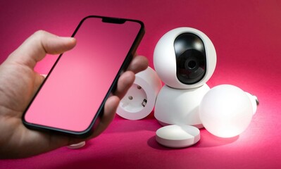 Hand holding a smartphone with a security camera device on a pink background
