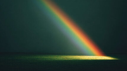 Fototapeta premium Bright rainbow beam hitting dark green grass, creating an illuminated patch. Magical natural phenomenon display. St Patrick day celebration concept.