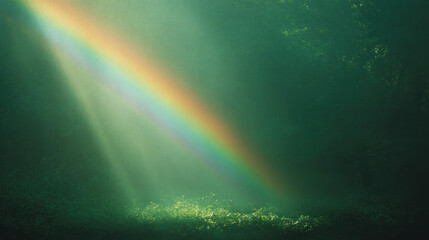 Green toned image with bright rainbow appearing from mist. Creative natural background for Saint Patrick day. Abstract natural light