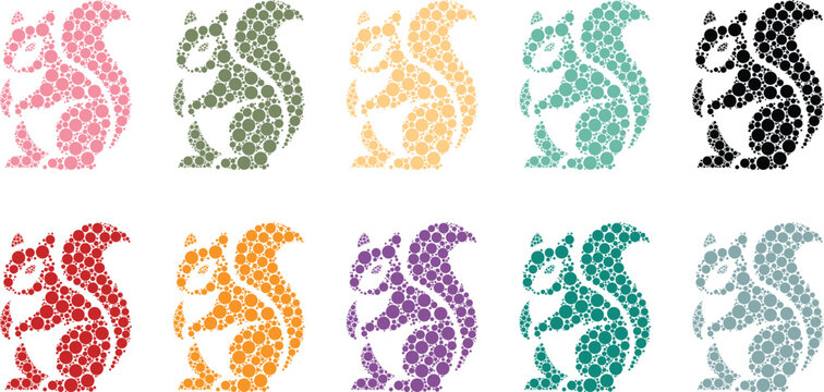 Assorted mosaic squirrel silhouettes in bright colors, Colorful dot pattern squirrel animal art