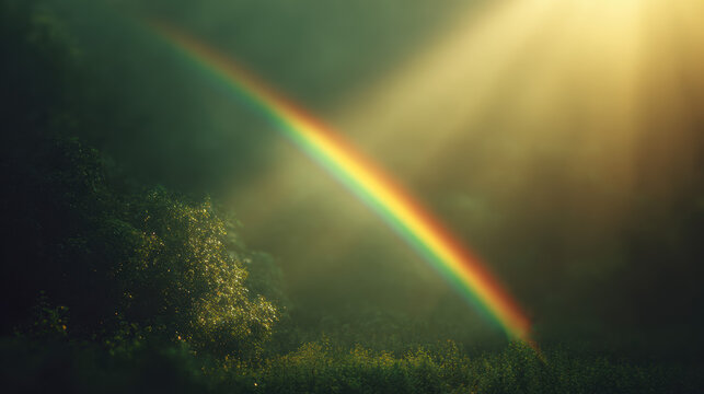 Rainbow arching over lush green landscape with golden sunlight breaking through clouds for St Patrick Day celebration. Natural beauty concept.