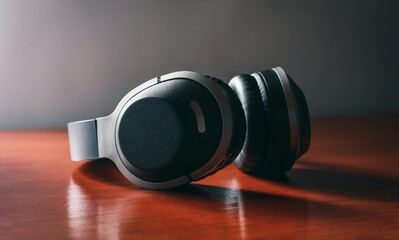 Headphones on a wooden table with a dark background and soft lighting