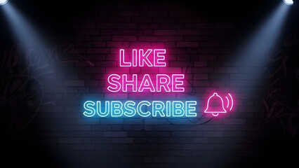 Neon signs on brick wall with LIKE SHARE SUBSCRIBE text and bell icon