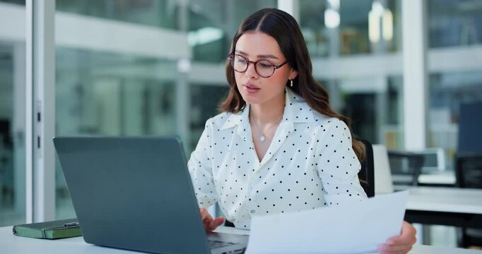 Laptop, typing or businesswoman with paper in office, statement audit or check accounting compliance. Reading, document accuracy or worker review finance report, record finding or edit mistake on pc