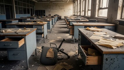 Abandoned school classroom with dusty desks and strewn papers in a derelict building with broken windows and peeling paint