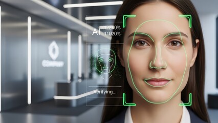 Woman with Facial Recognition Technology Overlay.