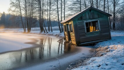 Abandoned wooden cabin on frozen lake with sparse trees at sunrise in serene snowy winter landscape