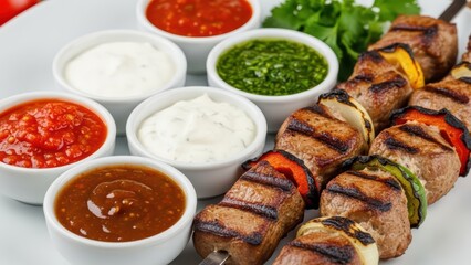 Grilled beef skewers with assorted dips and fresh vegetables including peppers and onions on a white plate