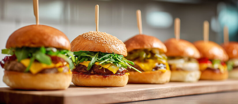 Row of gourmet beef cheeseburgers with sesame buns on a rustic wooden board