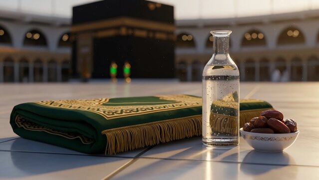 &ldquo;Zamzam Water, Dates, and Prayer Mat in Front of the Kaaba &ndash; Sacred Ramadan Scene&rdquo;