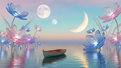 Surreal Ocean Landscape with Giant Crystal Flowers and Two Moons