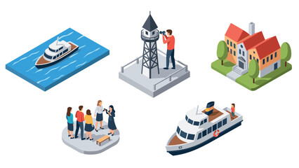 Isometric travel scenes with yacht, lighthouse, and tourist activities in bright colorful design