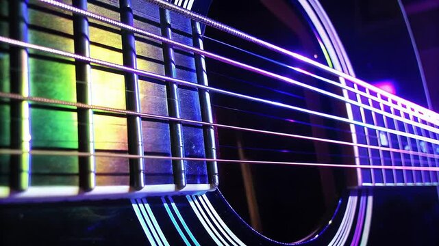 Vibrant concert with lasers and cheering crowd concept. Close-up shot of guitar strings illuminated by colorful lights.