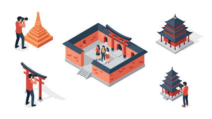 Isometric travel photography in asian historical landmark setting