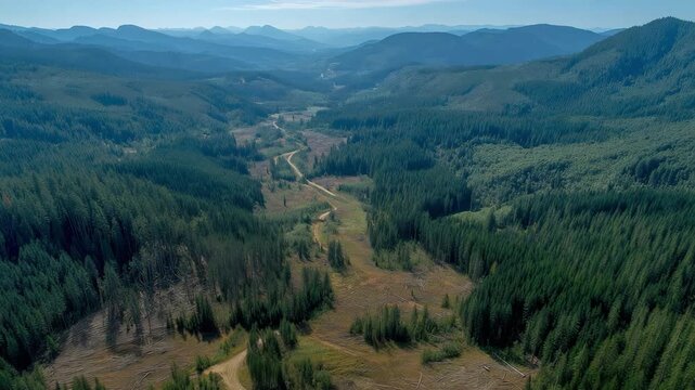An aerial picture exhibiting habitat decline and fragmentation shows an undamaged forest abruptly next to a burnt clearcut region.