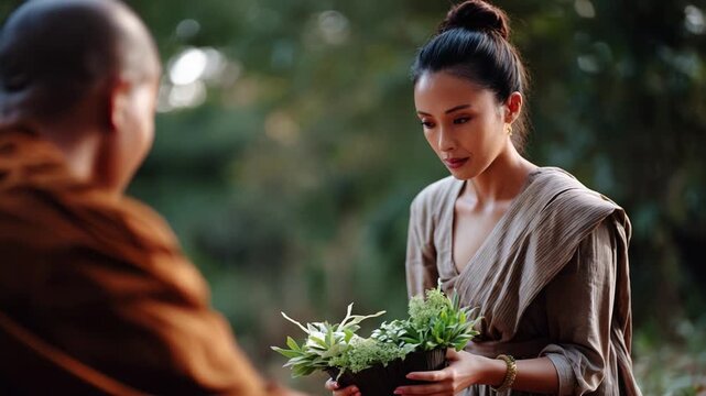 A Serene Moment of Tradition: A Woman Hands Over a Basket of Fresh Herbs to a Buddhist Monk in a Peaceful Natural Setting, Embracing Cultural Connections.
