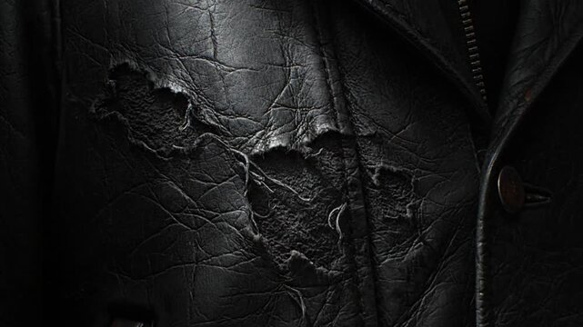 Distressed Black Leather Jacket Close-Up: A Textured Visual Display of Age and Wear