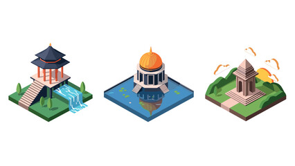 Fototapeta premium Colorful isometric asian temples with waterfall and sunset elements