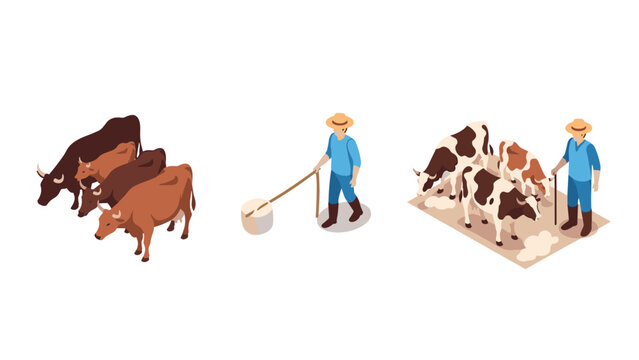 Farming and agriculture: isometric farm animals and farmer scenes