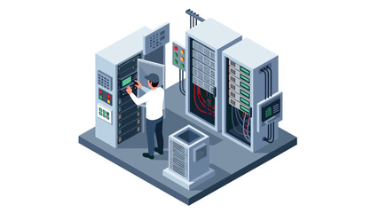 Isometric data center technician adjusting server racks in modern it room