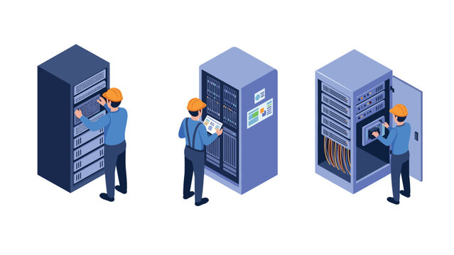 Isometric data center technicians working with servers and network equipment - Powered by Adobe