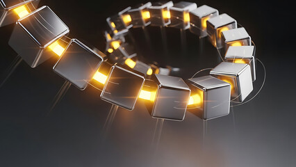 Fintech 3d data visualization abstract representation with metallic cubes and glowing orange light, suggesting technology and blockchain