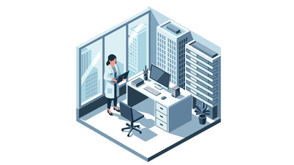 Obraz premium Modern office isometric design with businesswoman and cityscape view