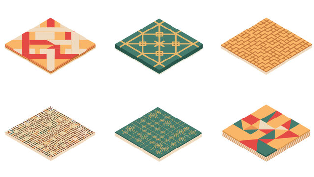 Geometric patterned tiles collection in isometric style