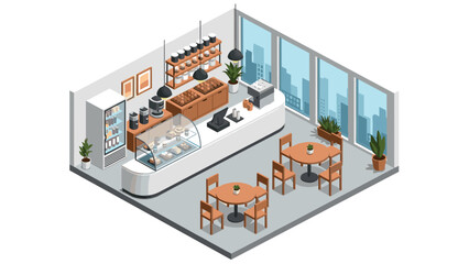 Obraz premium Modern isometric cafe interior with city view and cozy seating