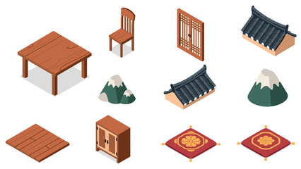 Traditional korean furniture and architecture isometric elements set