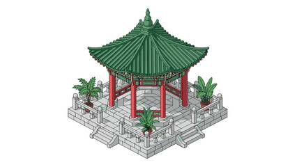 Naklejka premium Traditional asian pavilion with green roof and surrounding foliage in isometric style
