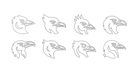Bird Head Silhouette Icons Set Eagle, Hawk, Falcon and Crow Mascot Black Vector	