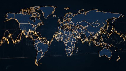 Global connections and data visualization on world map with gold lines - Powered by Adobe