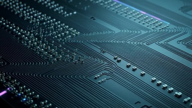 Intricate circuit board with glowing data paths and processor elements. Ideal for technology, AI, and computing concepts.