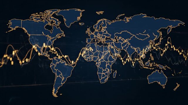 Global connections and data visualization on world map with gold lines
