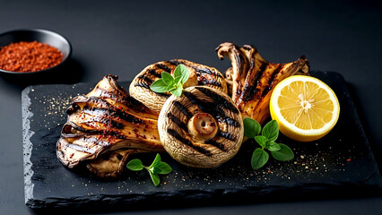 Minimalist, authentic Turkish istiridye mantarı ızgara (grilled oyster mushrooms) with large, charred oyster mushroom caps, sprinkled with pul biber, fresh oregano 