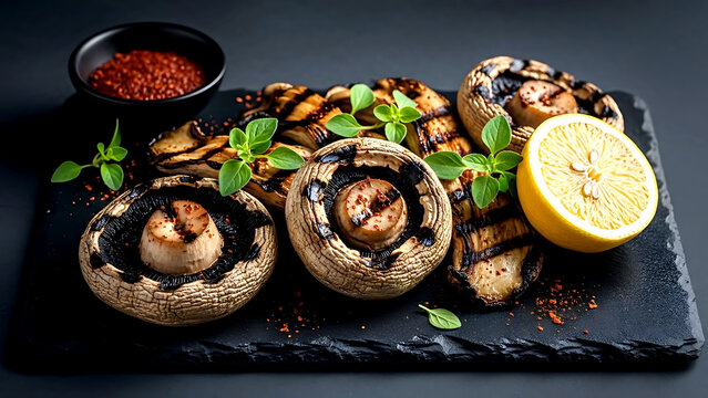 Minimalist, authentic Turkish istiridye mantarı ızgara (grilled oyster mushrooms) with large, charred oyster mushroom caps, sprinkled with pul biber, fresh oregano 
