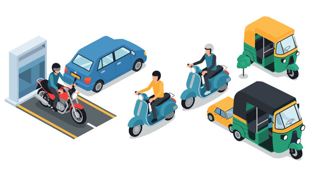 Isometric city transport set featuring cars, scooters, motorbike, and auto rickshaws