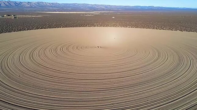 An intriguing aerial shot reveals a vast desert expanse featuring a large, mysterious circular pattern meticulously etched into the sandy ground.